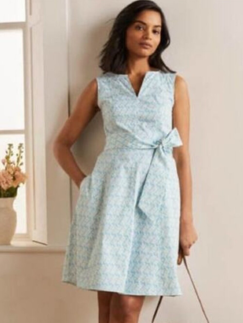Boden Mischa Belted Dress Blue White Print Fit Flare Sleeveless Size 6P